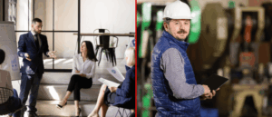 An image comparing leadership coaching vs small business coaching with one image being group in a professional setting, and one being a small business owner.