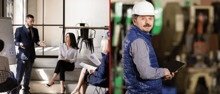 An image comparing leadership coaching vs small business coaching with one image being group in a professional setting, and one being a small business owner.